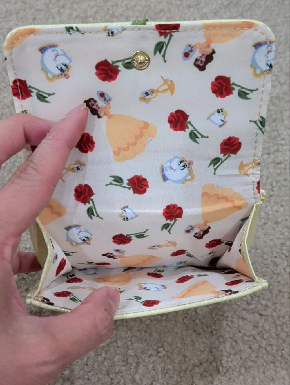Loungefly Disney Princesses Belle Glittery Cream Wallet with Red Rose Applique